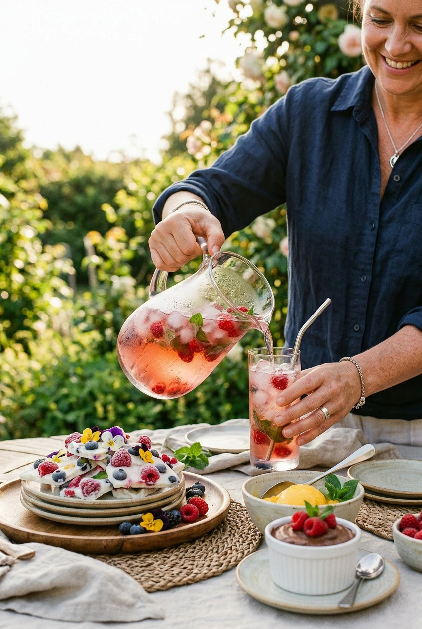Woman pouring a drink from a pitcher at an outdoor table setting with food.