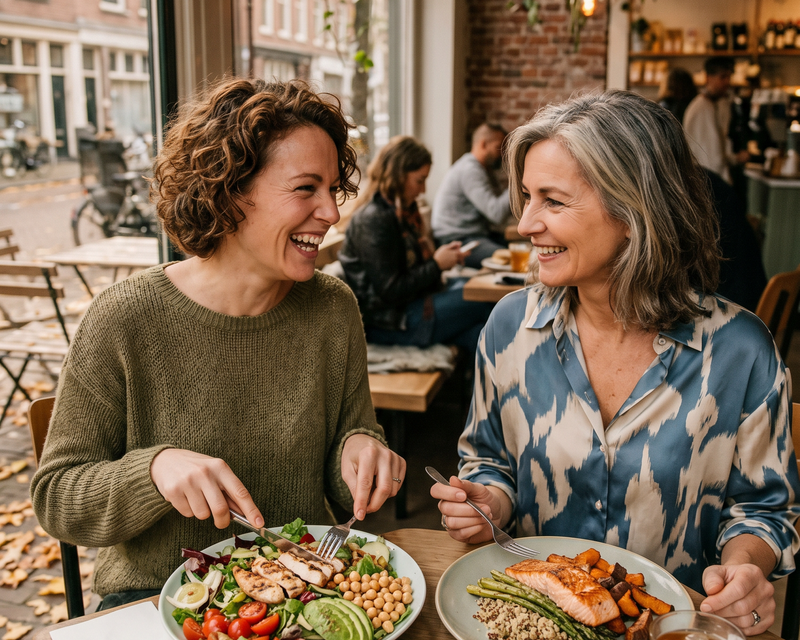 Two women enjoying a meal together at an outdoor cafe with a cityscape background.